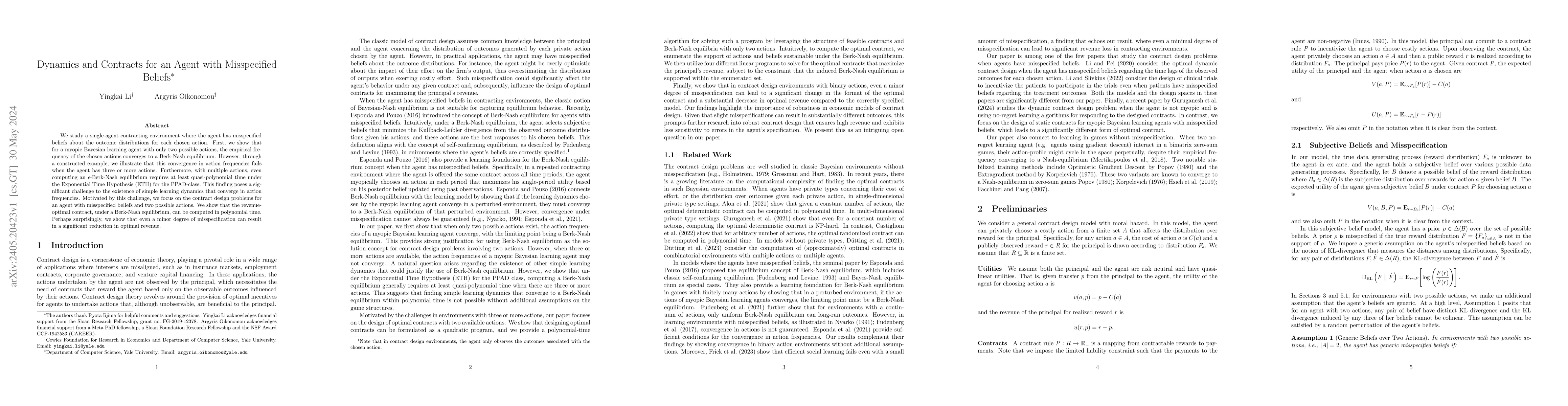 Thumbnail for Dynamics and Contracts for an Agent with Misspecified Beliefs