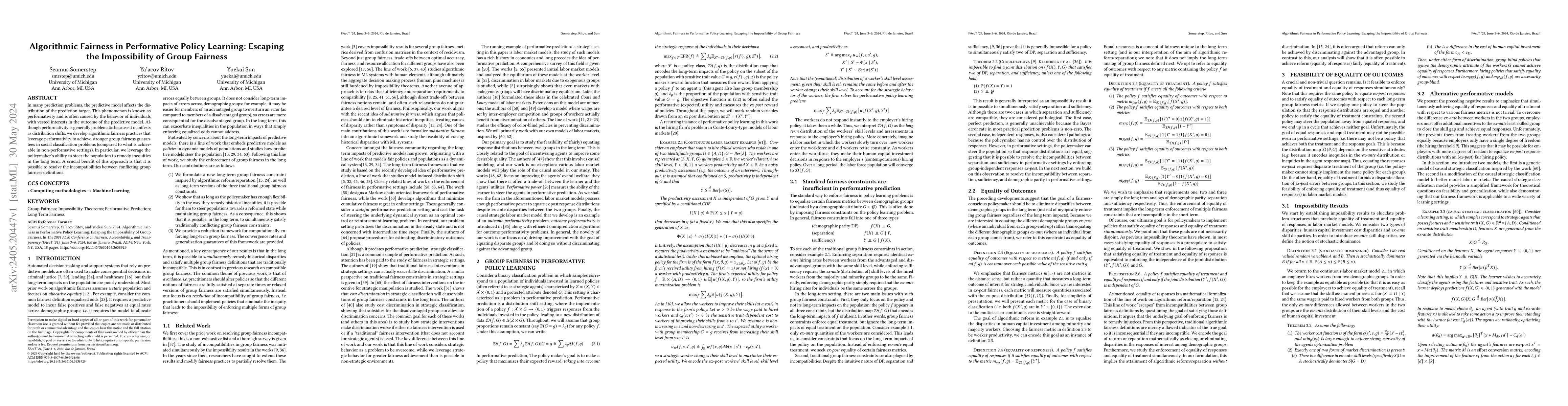 Thumbnail for Algorithmic Fairness in Performative Policy Learning: Escaping the
  Impossibility of Group Fairness