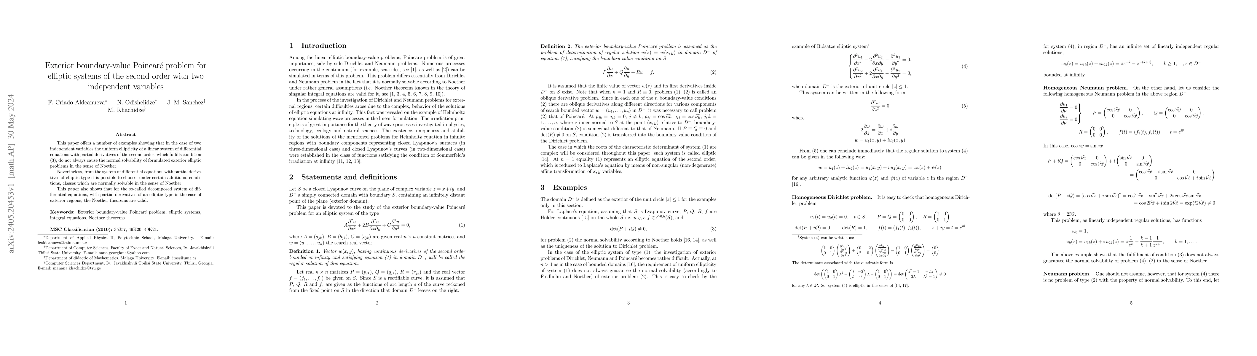 Thumbnail for Exterior boundary-value Poincare problem for elliptic systems of the
  second order with two independent variables