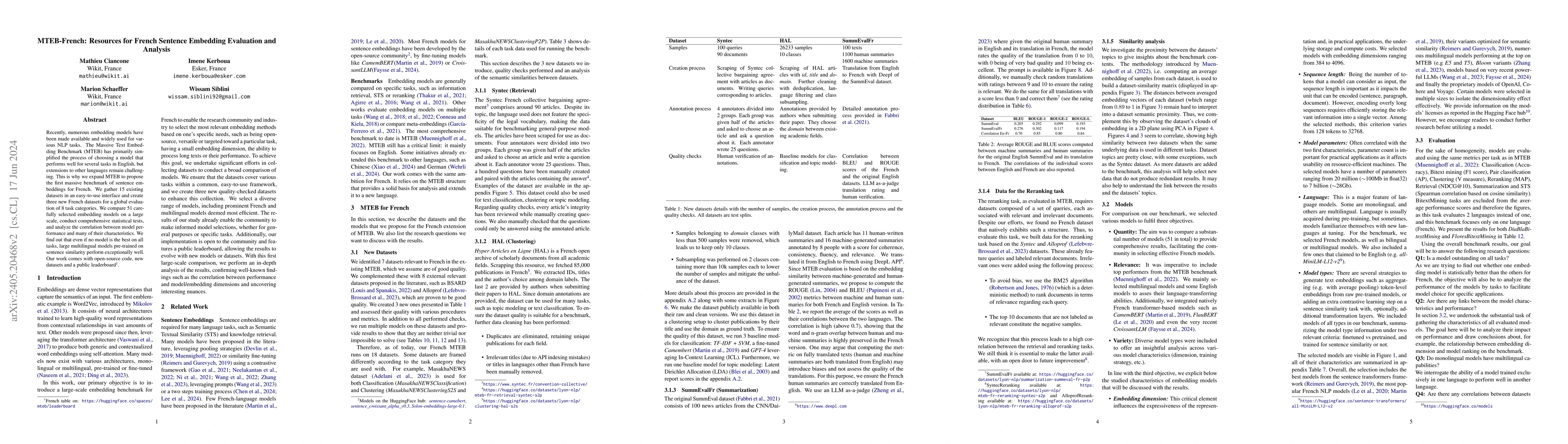 Thumbnail for MTEB-French: Resources for French Sentence Embedding Evaluation and
  Analysis
