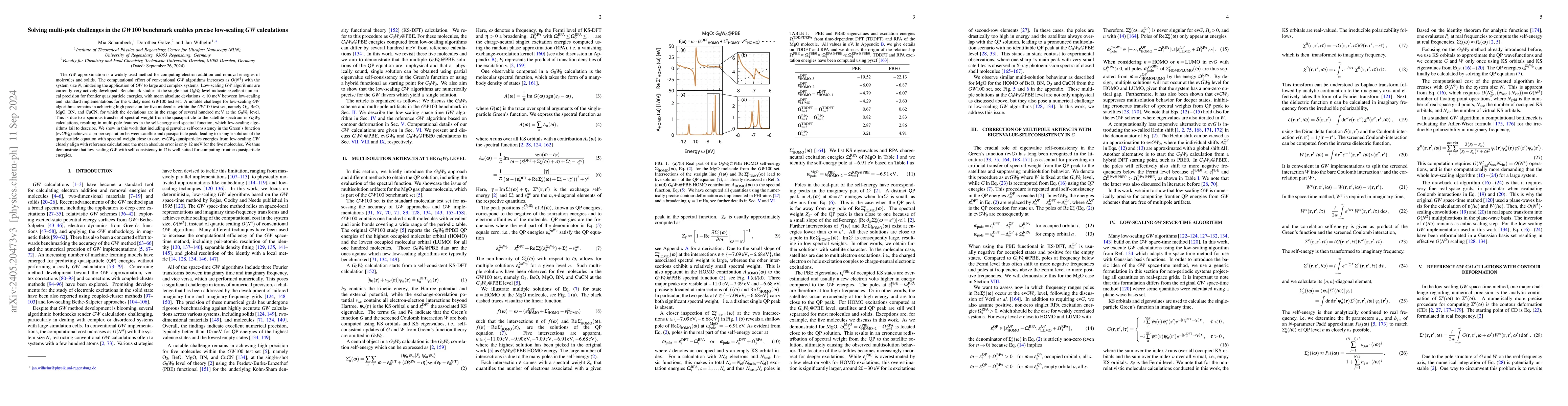 Thumbnail for Solving multi-pole challenges in the GW100 benchmark enables precise
  low-scaling GW calculations