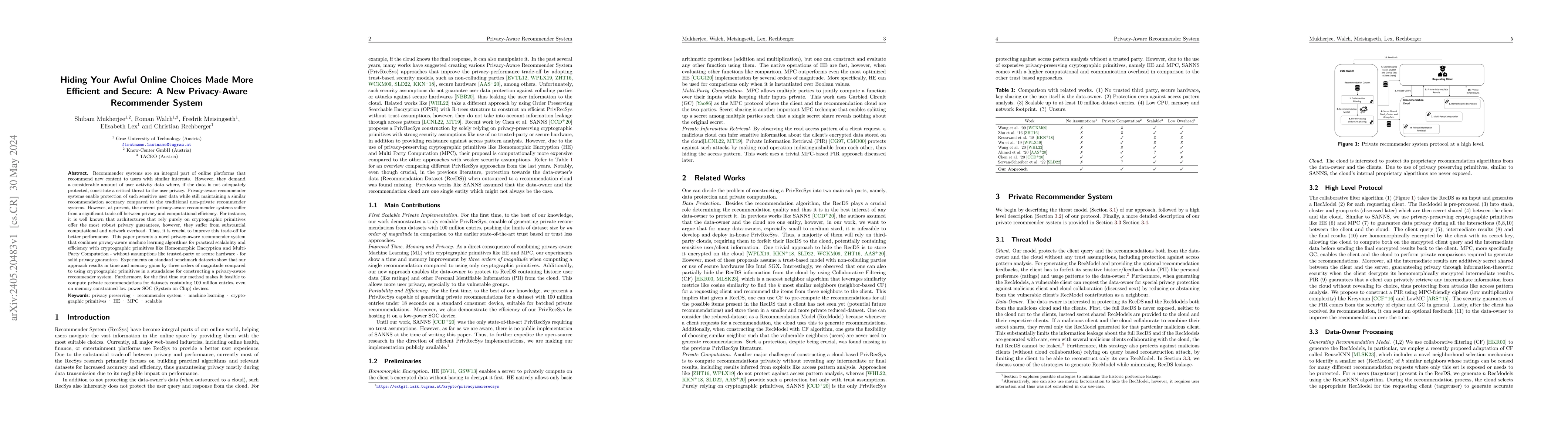 Thumbnail for Hiding Your Awful Online Choices Made More Efficient and Secure: A New
  Privacy-Aware Recommender System