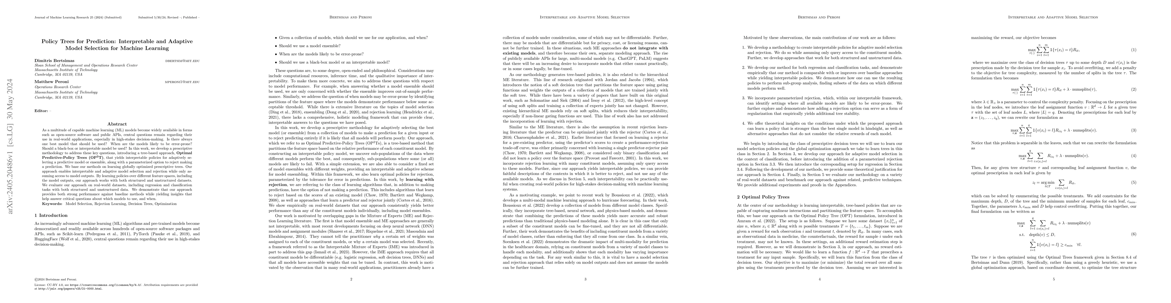 Thumbnail for Policy Trees for Prediction: Interpretable and Adaptive Model Selection
  for Machine Learning