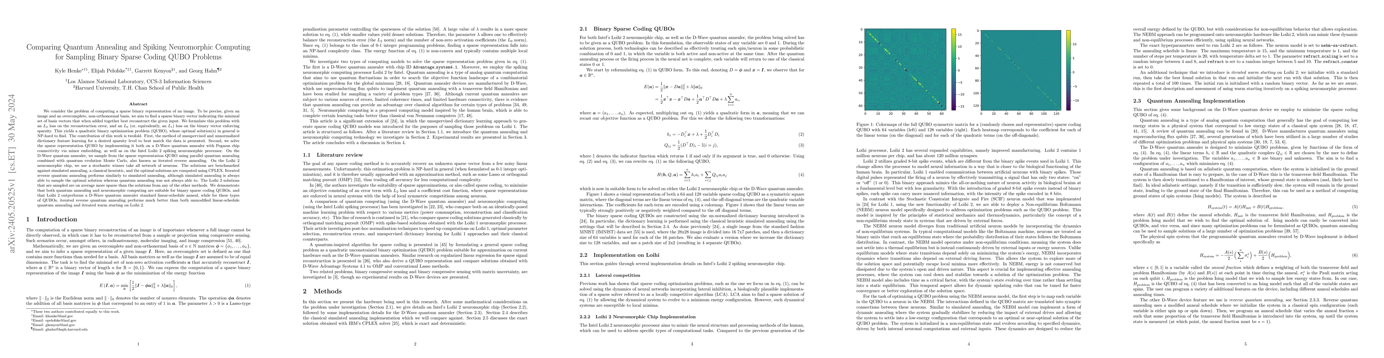 Thumbnail for Comparing Quantum Annealing and Spiking Neuromorphic Computing for
  Sampling Binary Sparse Coding QUBO Problems