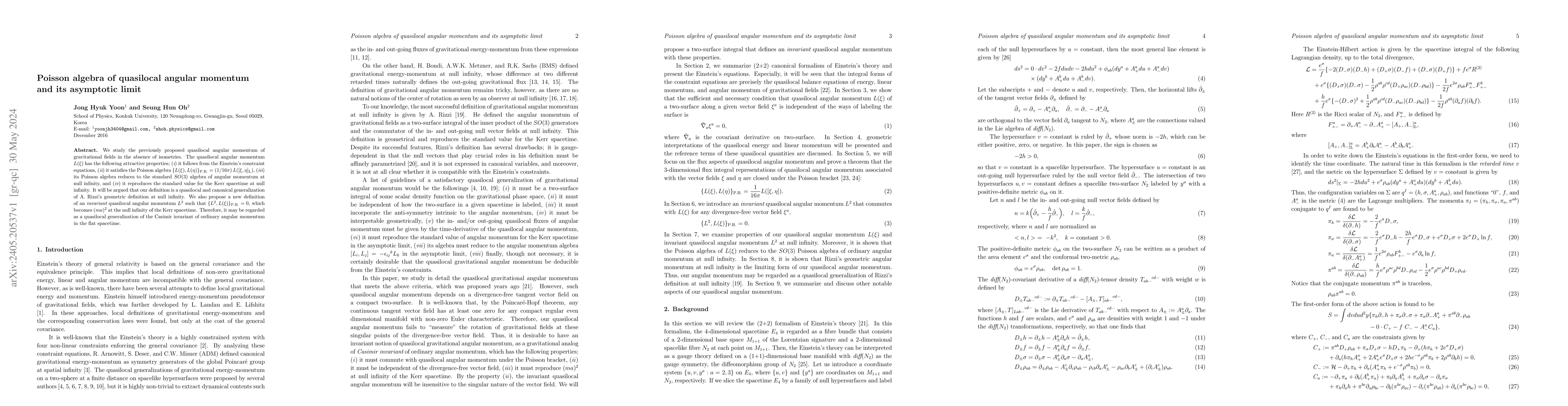 Thumbnail for Poisson algebra of quasilocal angular momentum and its asymptotic limit
