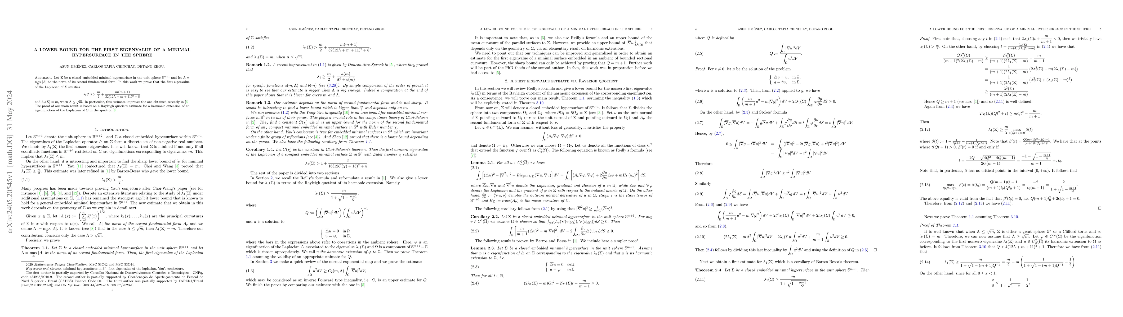 Thumbnail for A lower bound for the first eigenvalue of a minimal hypersurface in the
  sphere