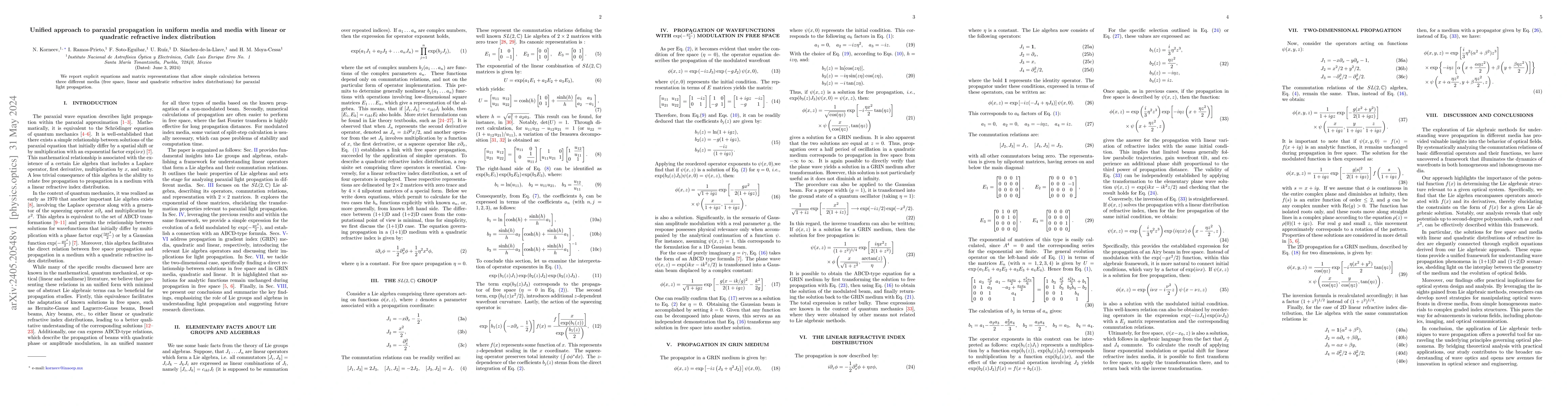 Thumbnail for Unified approach to paraxial propagation in uniform media and media with
  linear or quadratic refractive index distribution