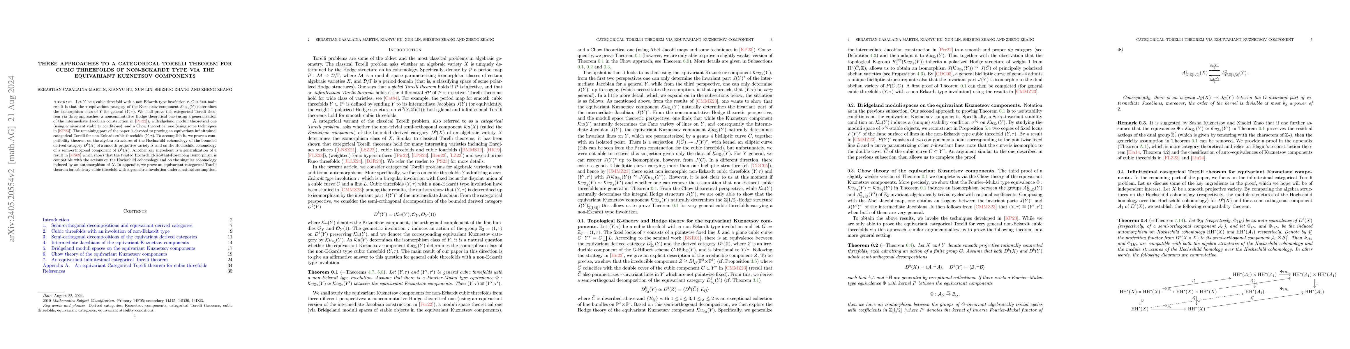 Thumbnail for Three approaches to a categorical Torelli theorem for cubic threefolds
  of non-Eckardt type via the equivariant Kuznetsov components