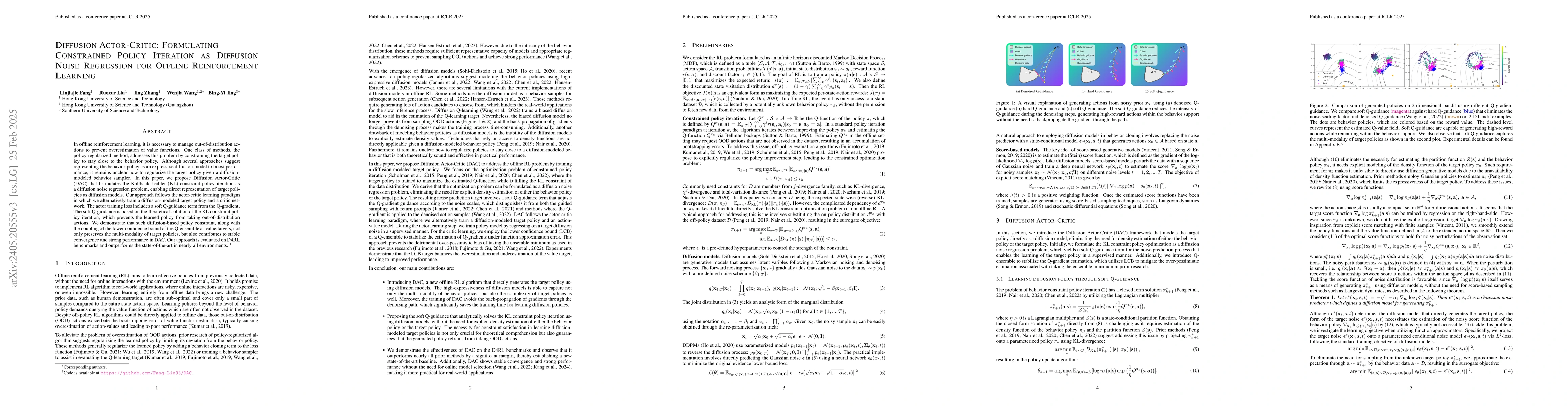 Thumbnail for Diffusion Actor-Critic: Formulating Constrained Policy Iteration as
  Diffusion Noise Regression for Offline Reinforcement Learning