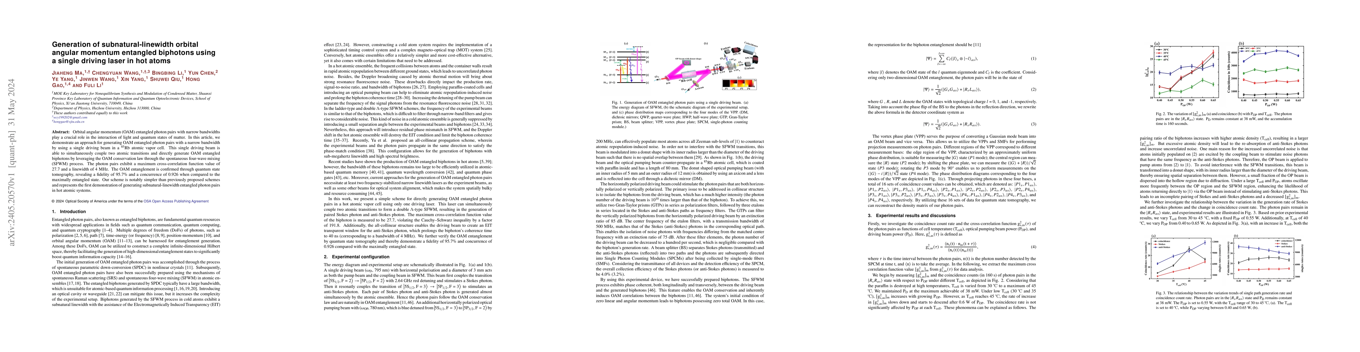 Thumbnail for Generation of subnatural-linewidth orbital angular momentum entangled
  biphotons using a single driving laser in hot atoms