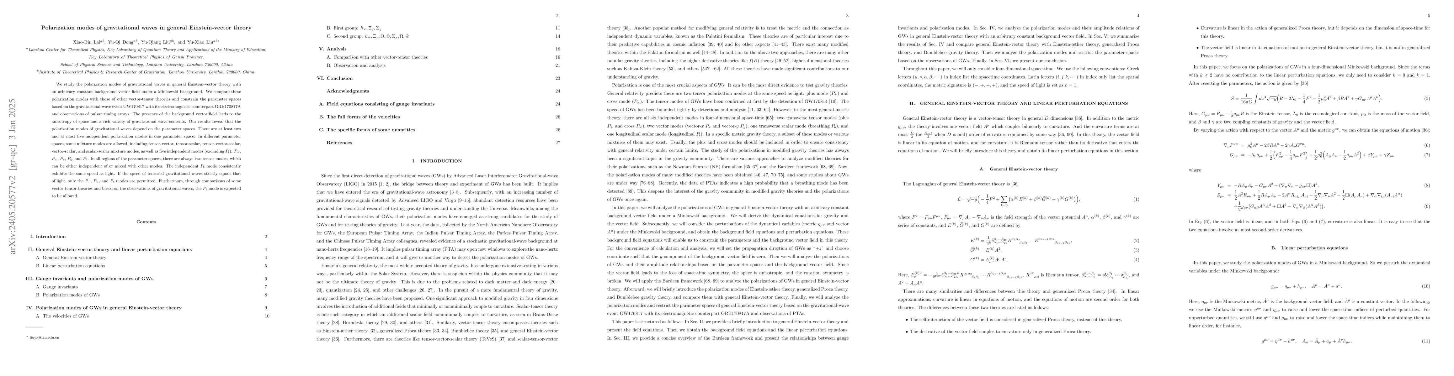 Thumbnail for Polarization modes of gravitational waves in general Einstein-vector
  theory
