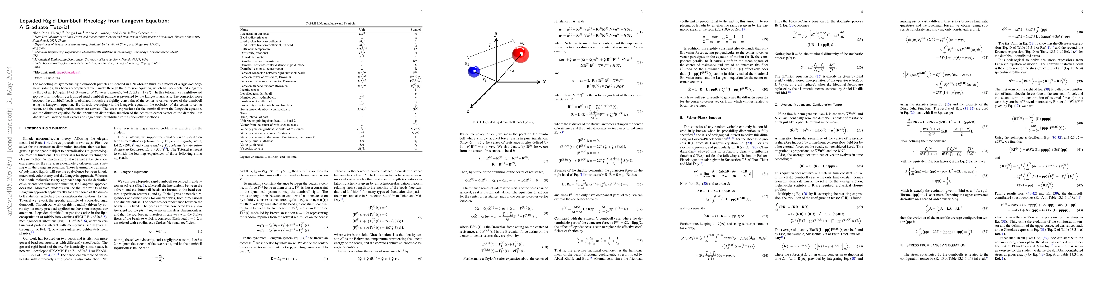 Thumbnail for Lopsided Rigid Dumbbell Rheology from Langevin Equation: A Graduate
  Tutorial