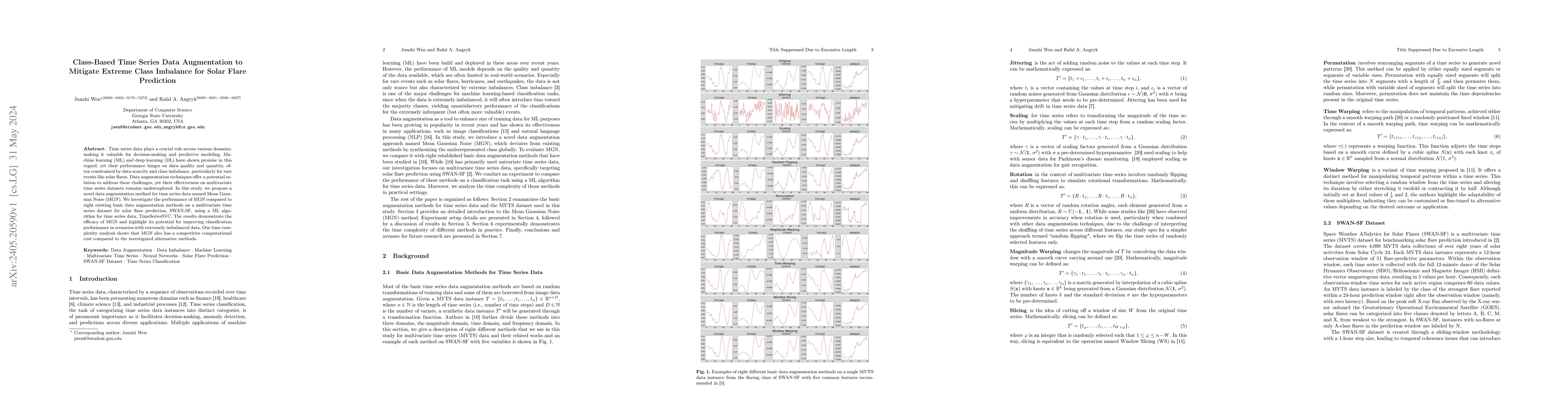 Thumbnail for Class-Based Time Series Data Augmentation to Mitigate Extreme Class
  Imbalance for Solar Flare Prediction