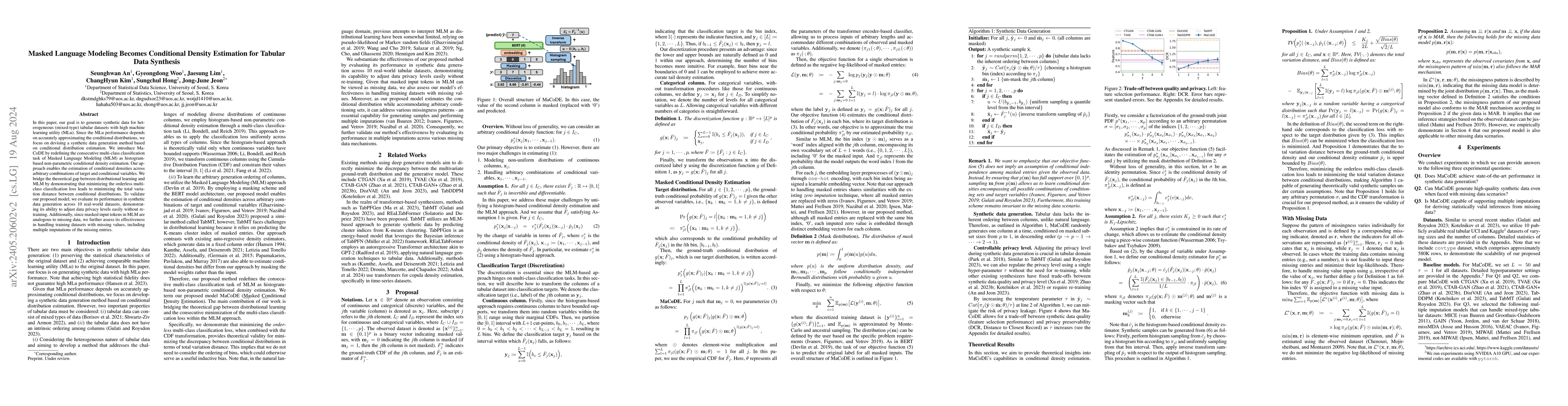 Thumbnail for Masked Language Modeling Becomes Conditional Density Estimation for
  Tabular Data Synthesis