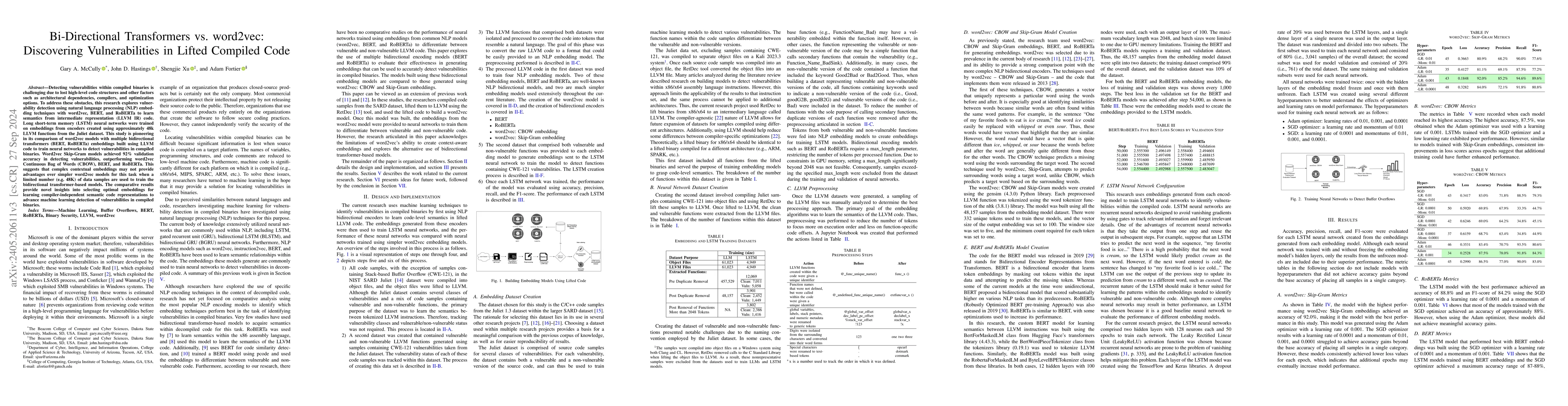 Thumbnail for Bi-Directional Transformers vs. word2vec: Discovering Vulnerabilities in
  Lifted Compiled Code