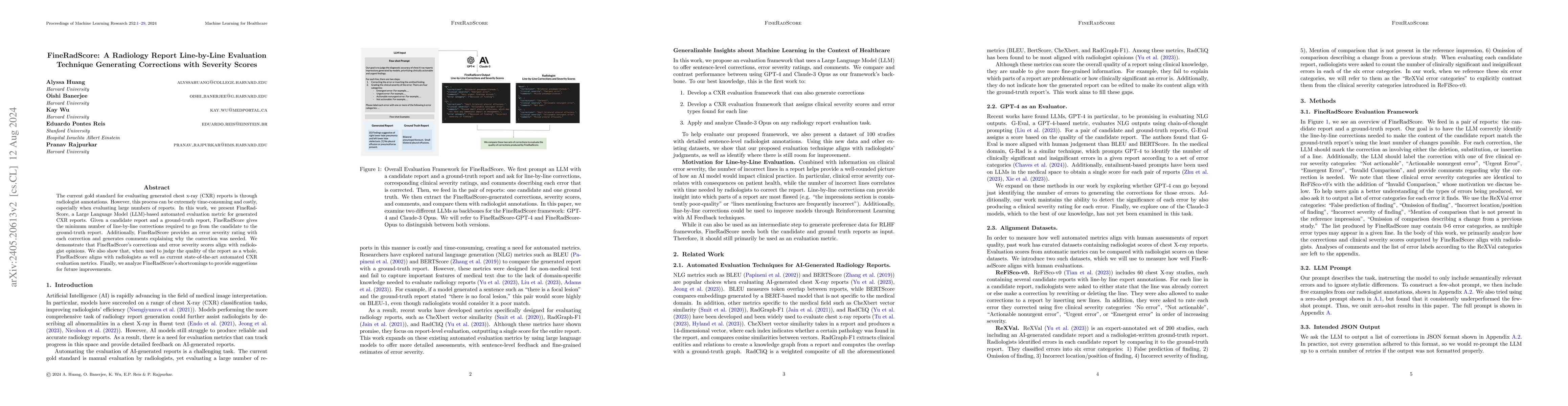 Thumbnail for FineRadScore: A Radiology Report Line-by-Line Evaluation Technique
  Generating Corrections with Severity Scores