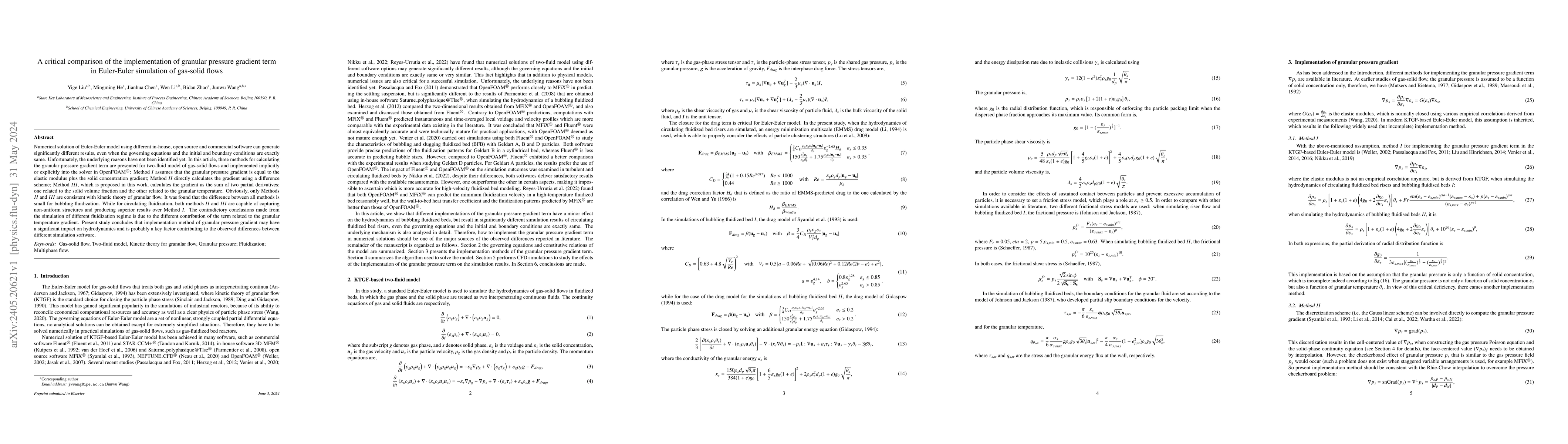 Thumbnail for A critical comparison of the implementation of granular pressure
  gradient term in Euler-Euler simulation of gas-solid flows