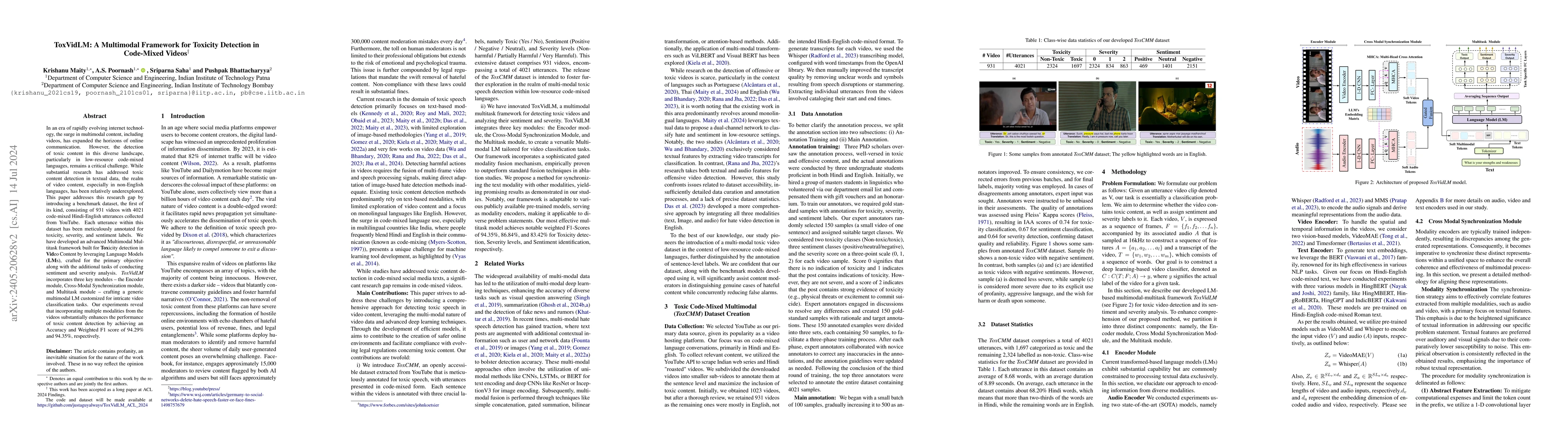 Thumbnail for ToxVidLM: A Multimodal Framework for Toxicity Detection in Code-Mixed
  Videos