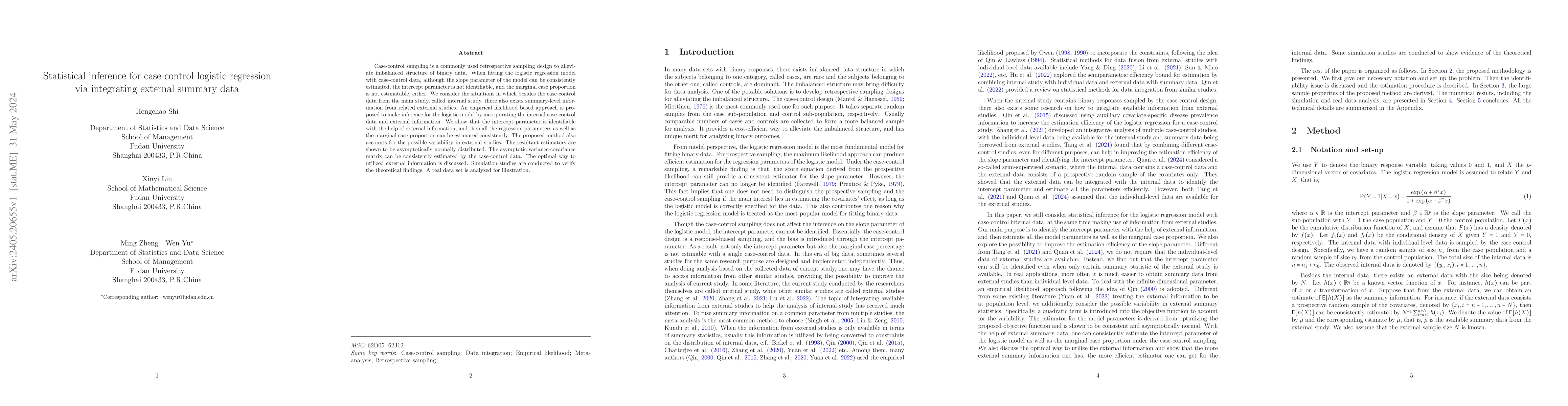 Thumbnail for Statistical inference for case-control logistic regression via
  integrating external summary data