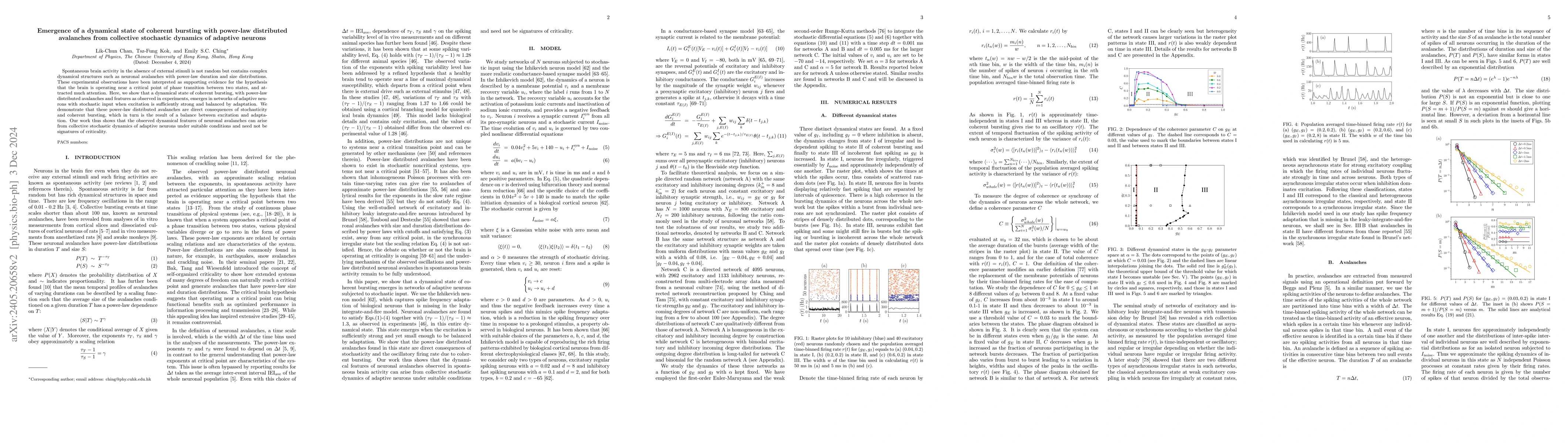 Thumbnail for Emergence of a dynamical state of coherent bursting with power-law
  distributed avalanches from collective stochastic dynamics of adaptive
  neurons