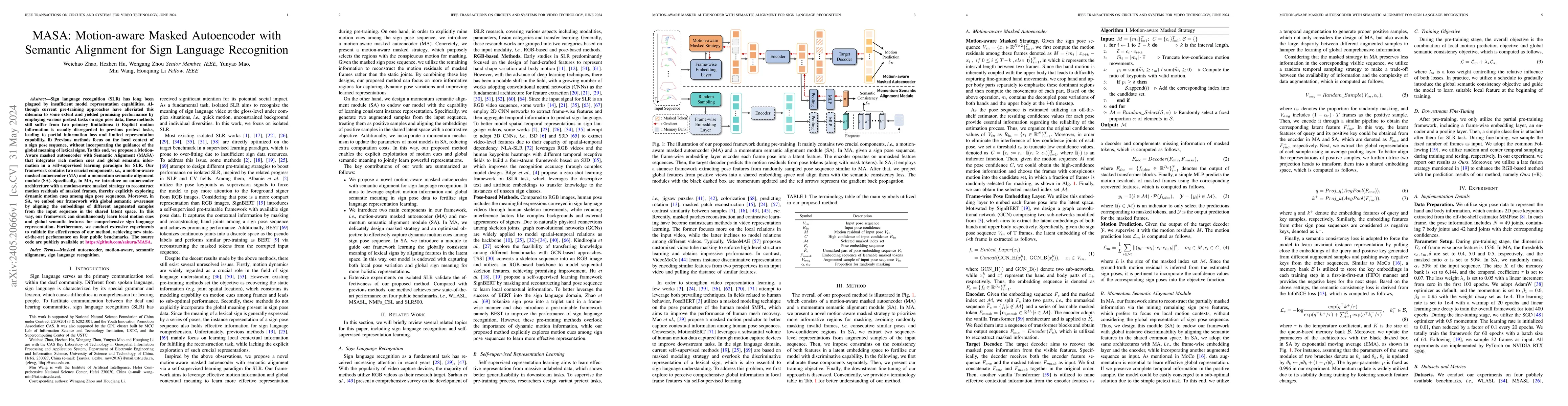Thumbnail for MASA: Motion-aware Masked Autoencoder with Semantic Alignment for Sign
  Language Recognition