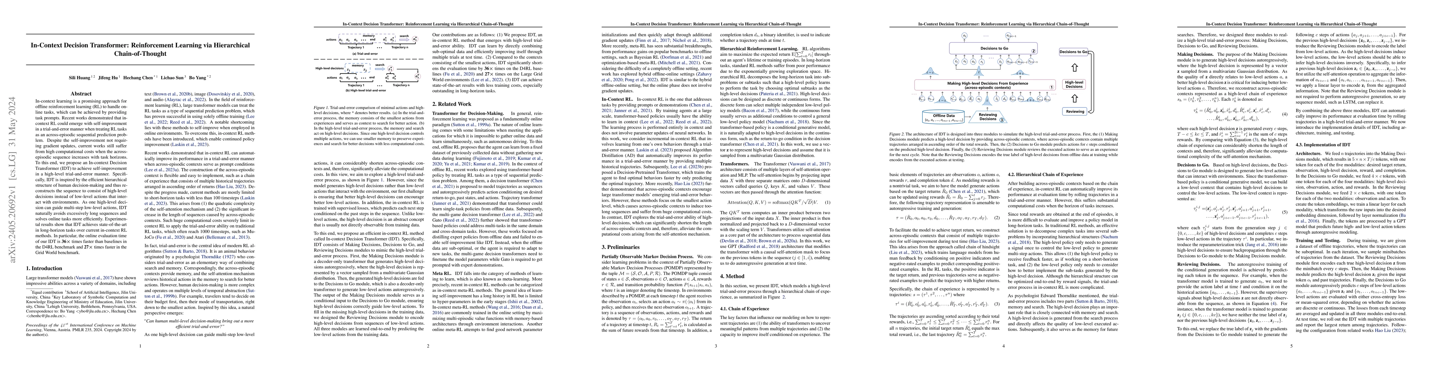 Thumbnail for In-Context Decision Transformer: Reinforcement Learning via Hierarchical
  Chain-of-Thought