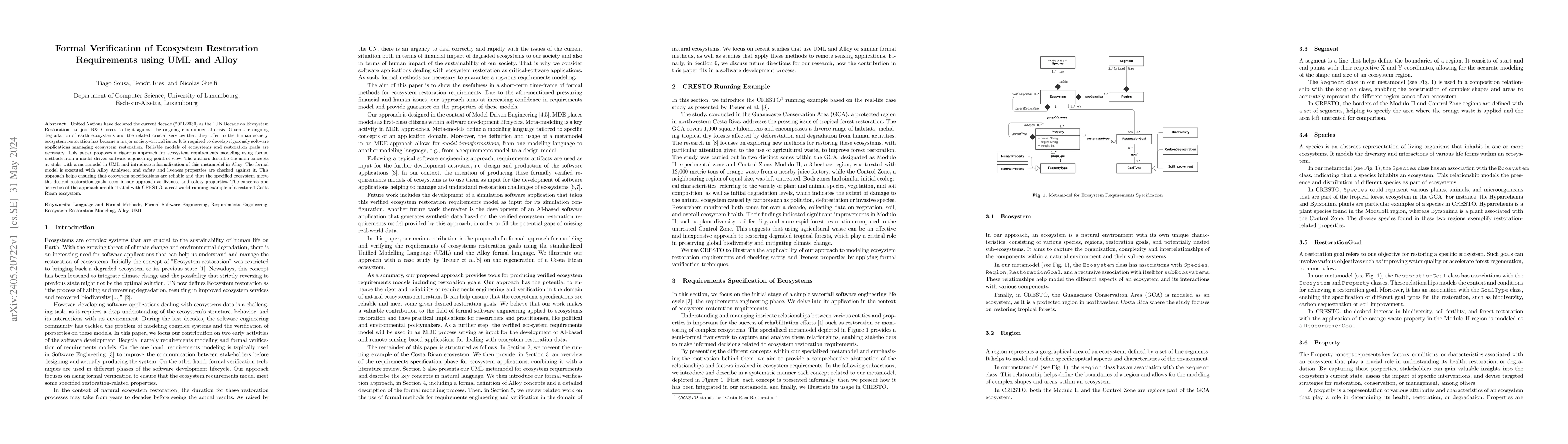 Thumbnail for Formal Verification of Ecosystem Restoration Requirements using UML and
  Alloy