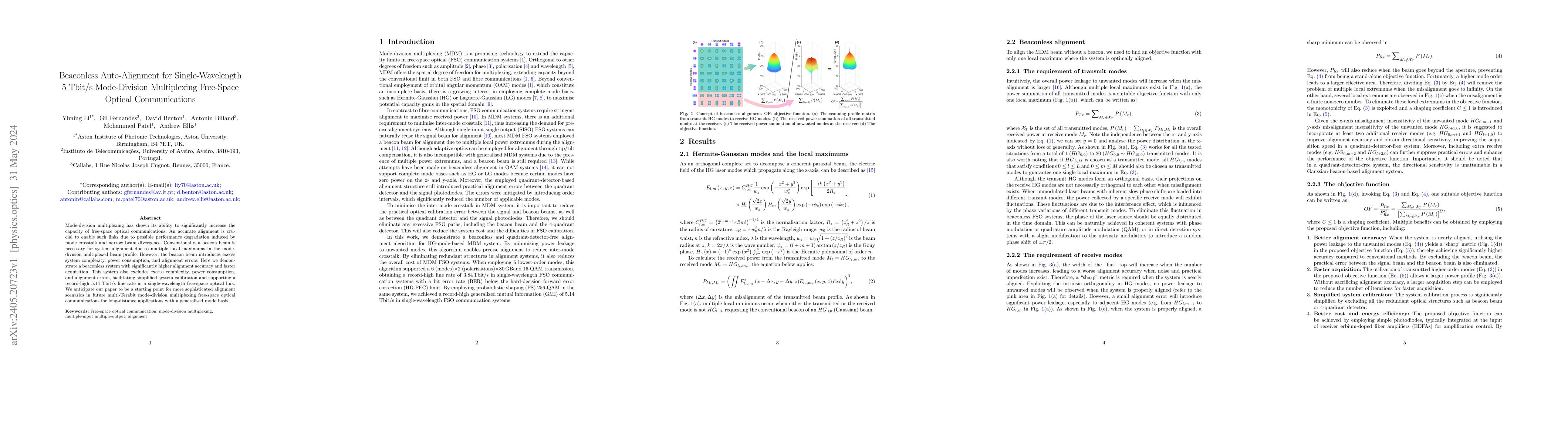 Thumbnail for Beaconless Auto-Alignment for Single-Wavelength 5 Tbit/s Mode-Division
  Multiplexing Free-Space Optical Communications