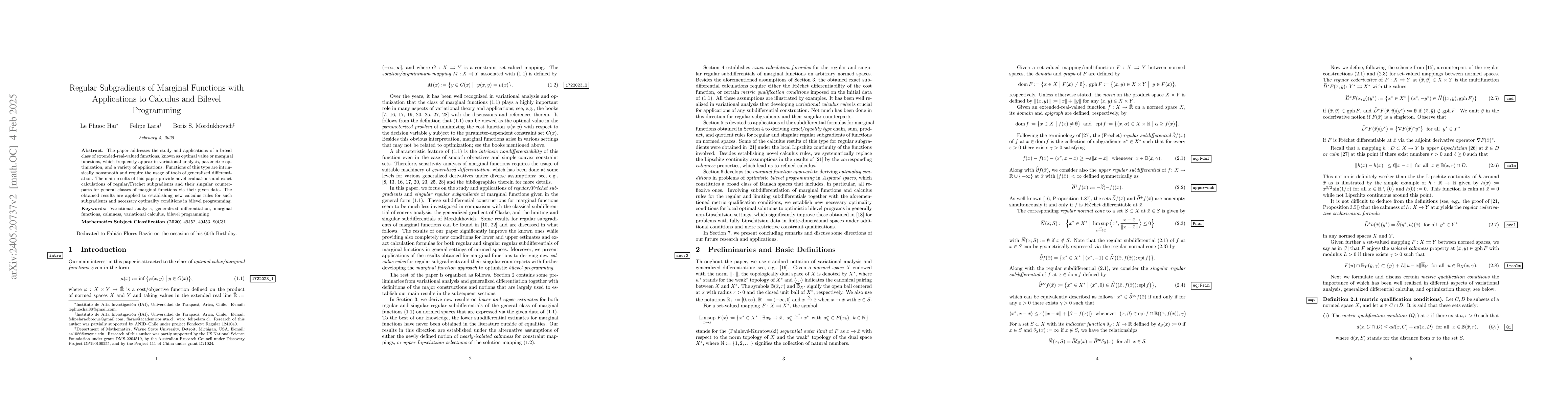 Thumbnail for Regular Subgradients of Marginal Functions with Applications to Calculus
  and Bilevel Programming