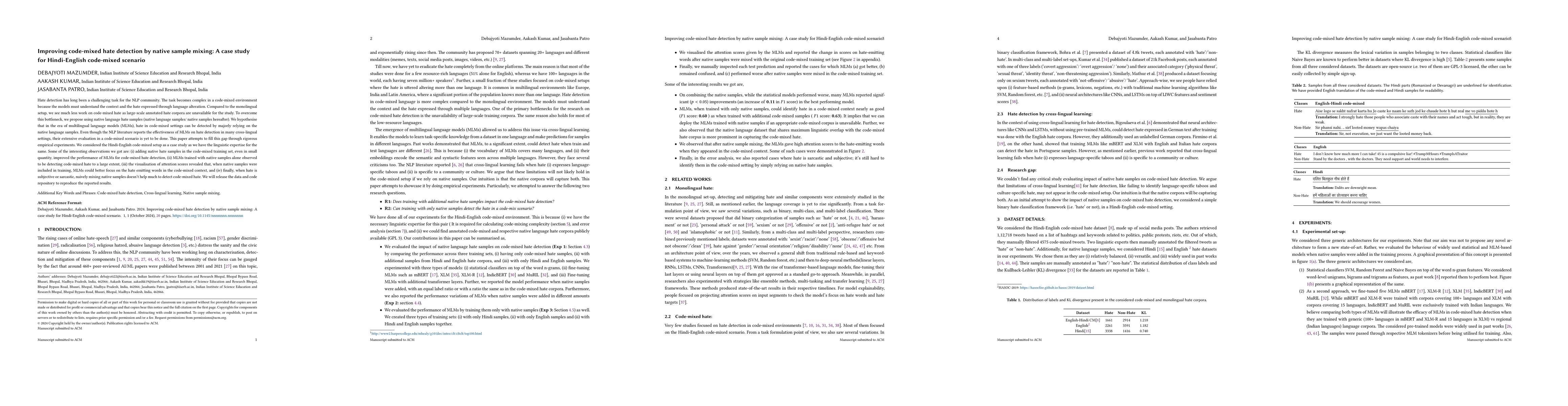 Thumbnail for Improving code-mixed hate detection by native sample mixing: A case
  study for Hindi-English code-mixed scenario