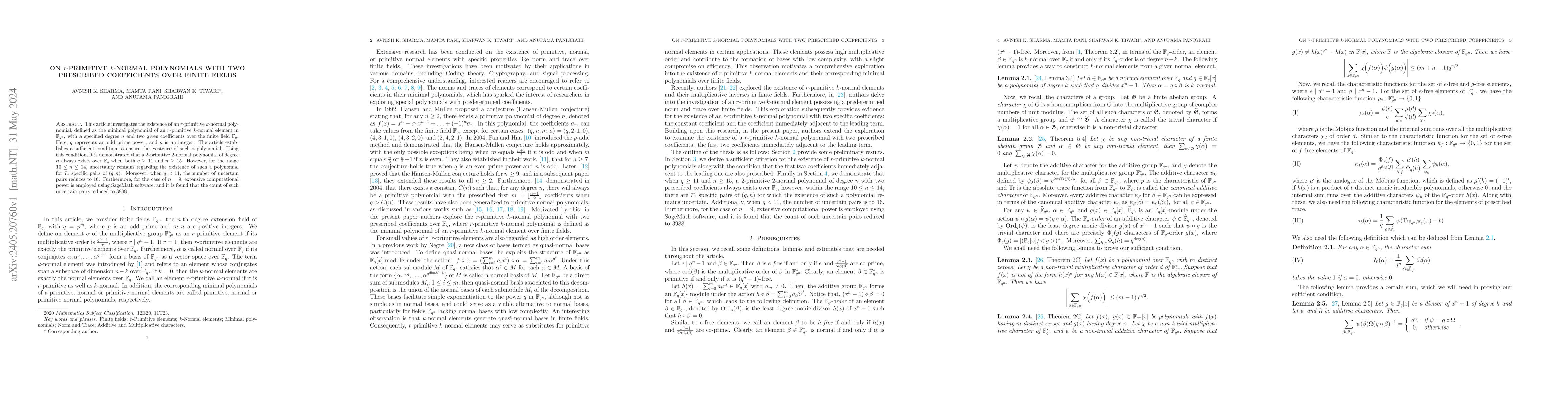 Thumbnail for On $r$-primitive $k$-normal polynomials with two prescribed coefficients