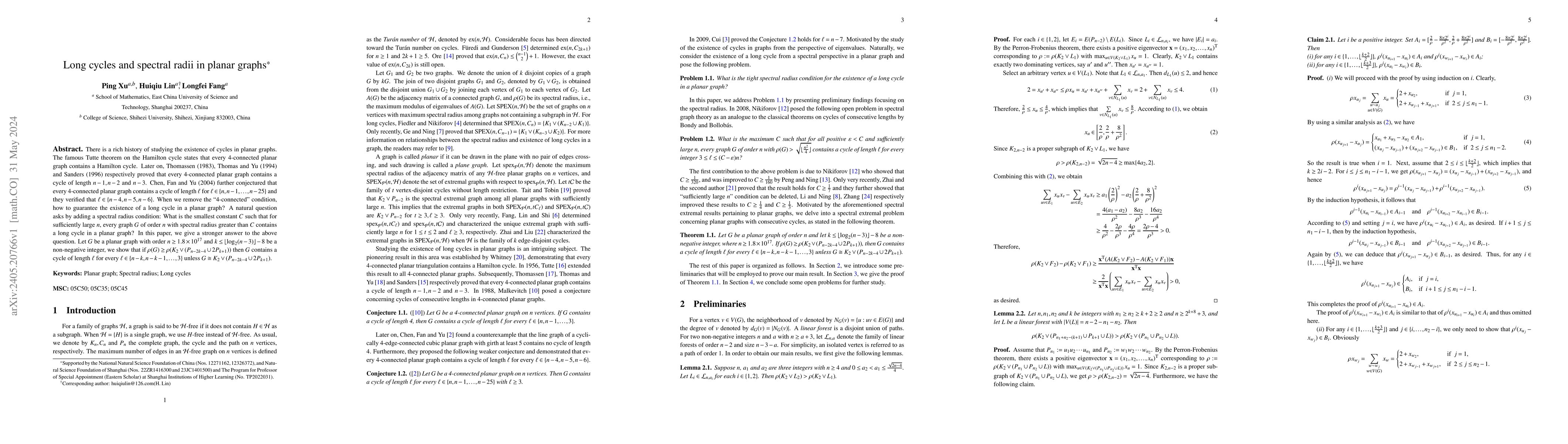 Thumbnail for Long cycles and spectral radii in planar graphs