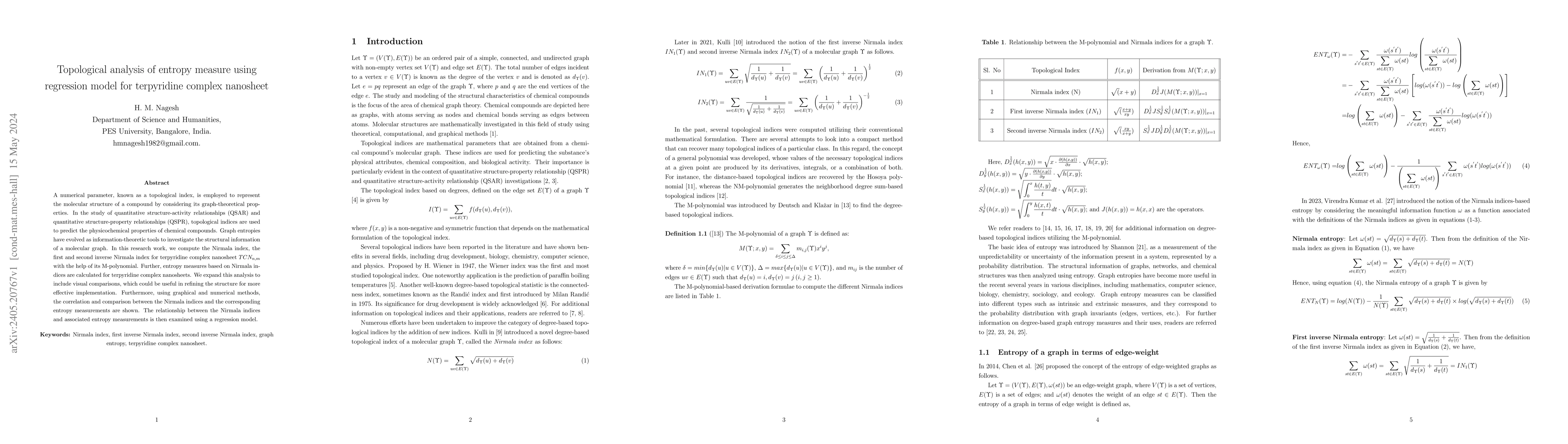 Thumbnail for Topological analysis of entropy measure using regression model for
  terpyridine complex nanosheet