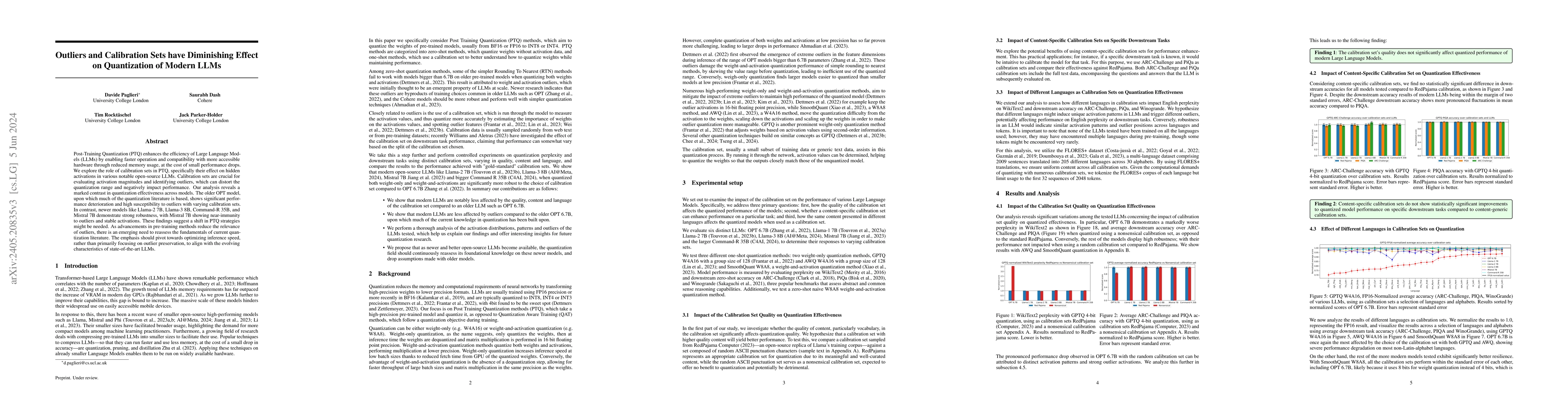 Thumbnail for Outliers and Calibration Sets have Diminishing Effect on Quantization of
  Modern LLMs