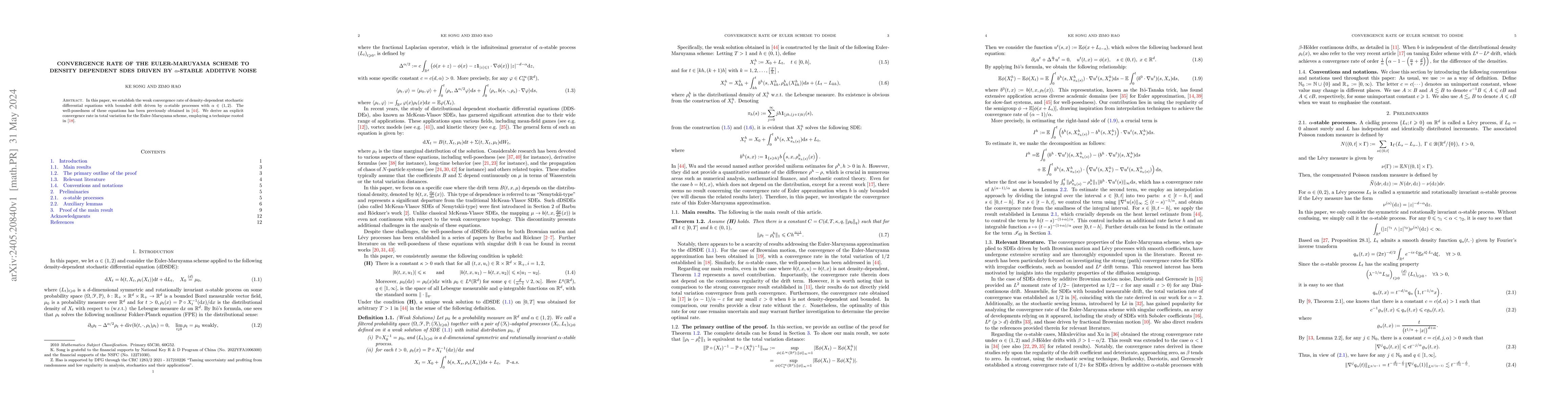 Thumbnail for Convergence rate of the Euler-Maruyama scheme to density dependent SDEs
  driven by $\alpha$-stable additive noise
