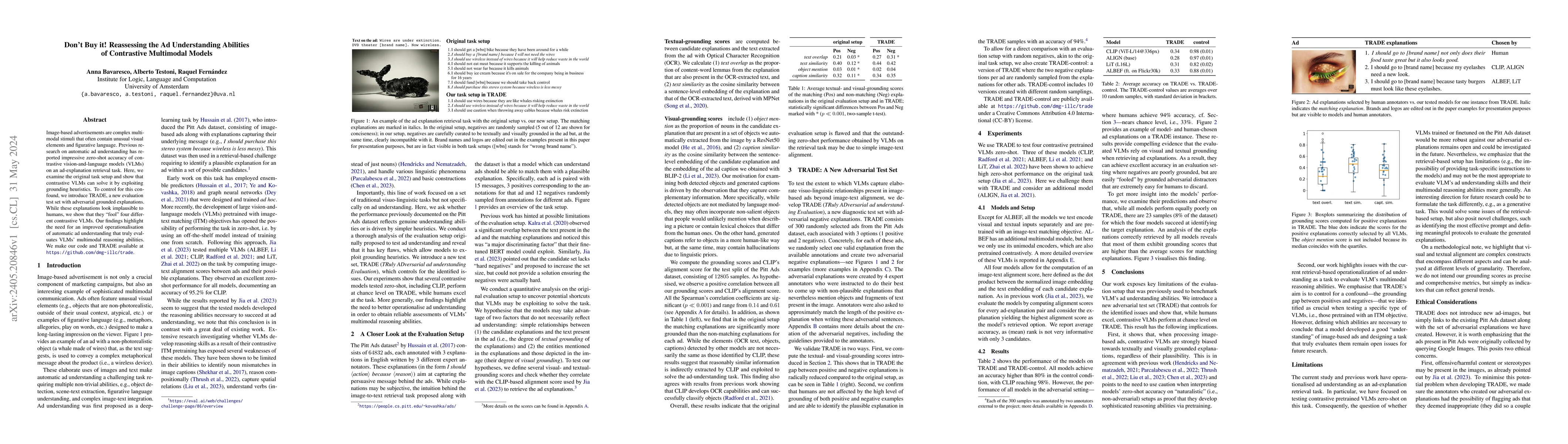 Thumbnail for Don't Buy it! Reassessing the Ad Understanding Abilities of Contrastive
  Multimodal Models