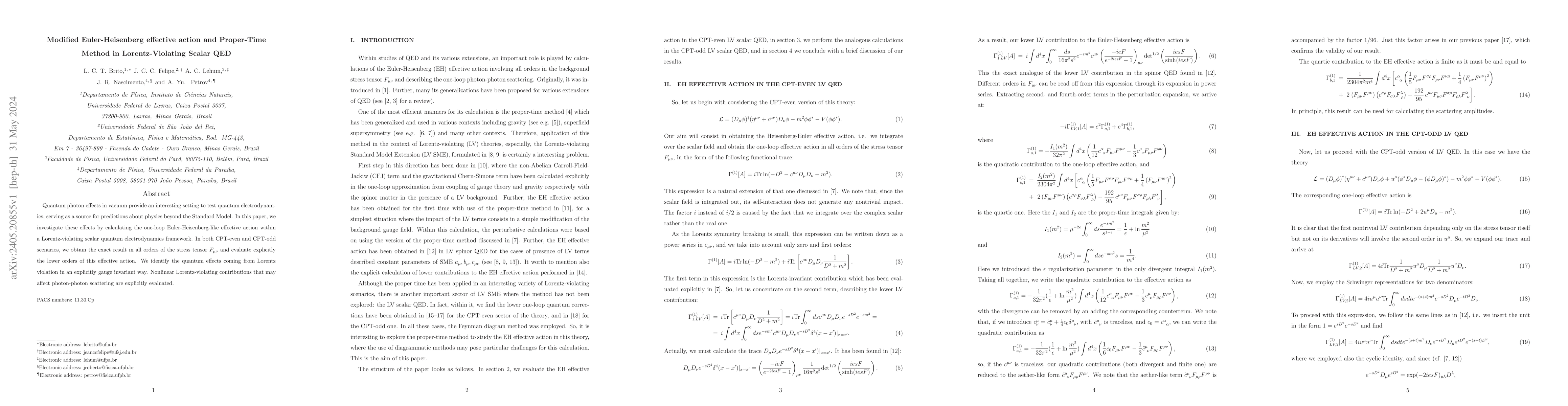 Thumbnail for Modified Euler-Heisenberg effective action and Proper-Time Method in
  Lorentz-Violating Scalar QED