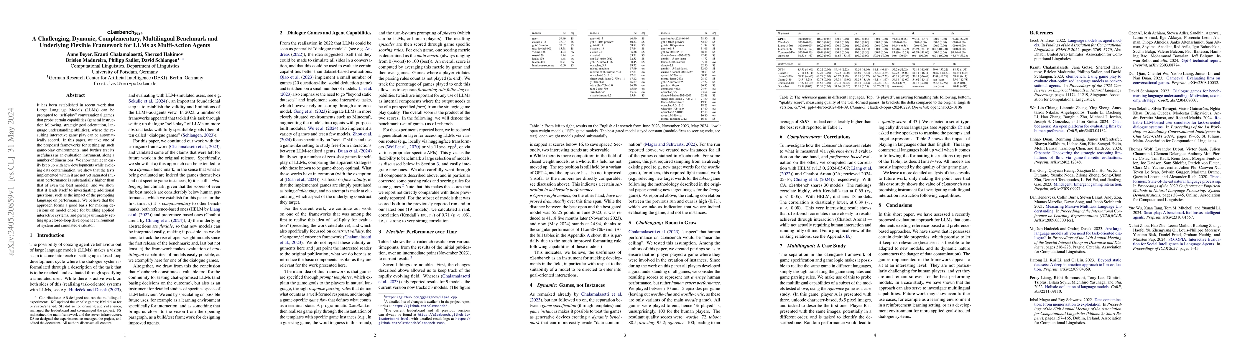 Thumbnail for clembench-2024: A Challenging, Dynamic, Complementary, Multilingual
  Benchmark and Underlying Flexible Framework for LLMs as Multi-Action Agents