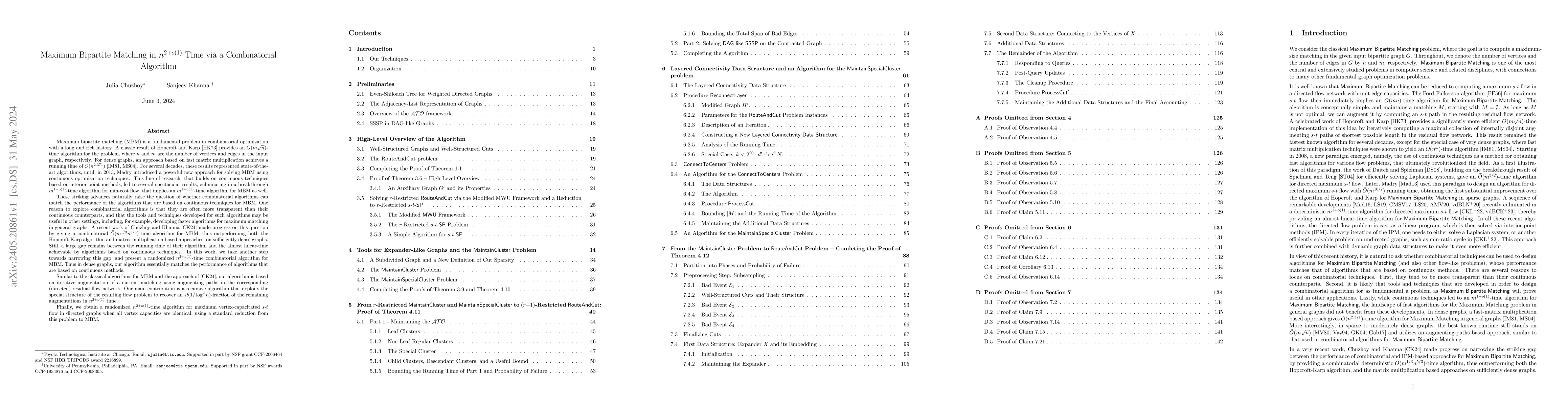 Thumbnail for Maximum Bipartite Matching in $n^{2+o(1)}$ Time via a Combinatorial
  Algorithm