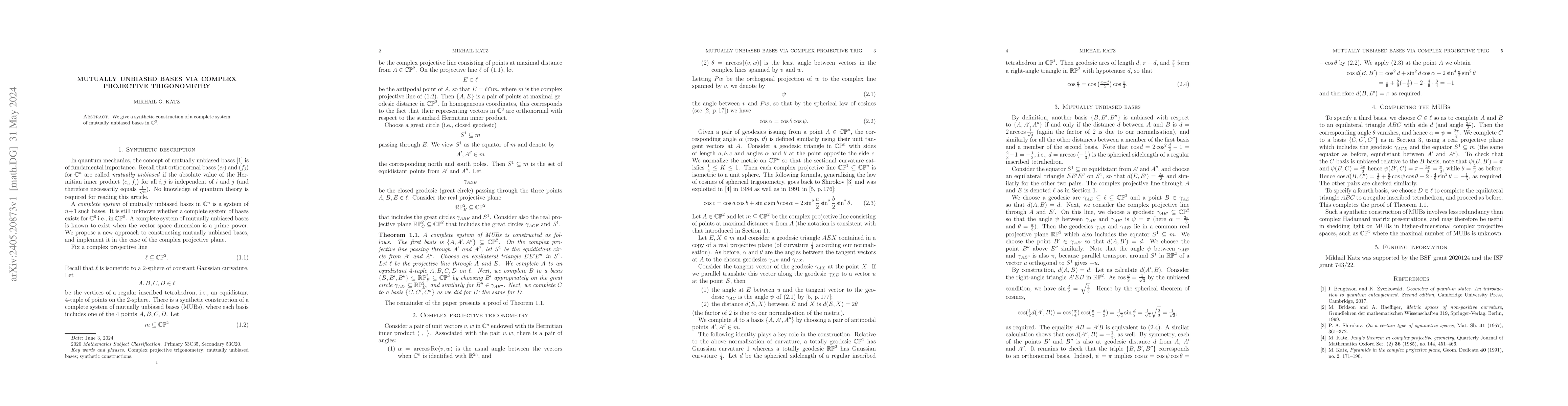 Thumbnail for Mutually unbiased bases via complex projective trigonometry