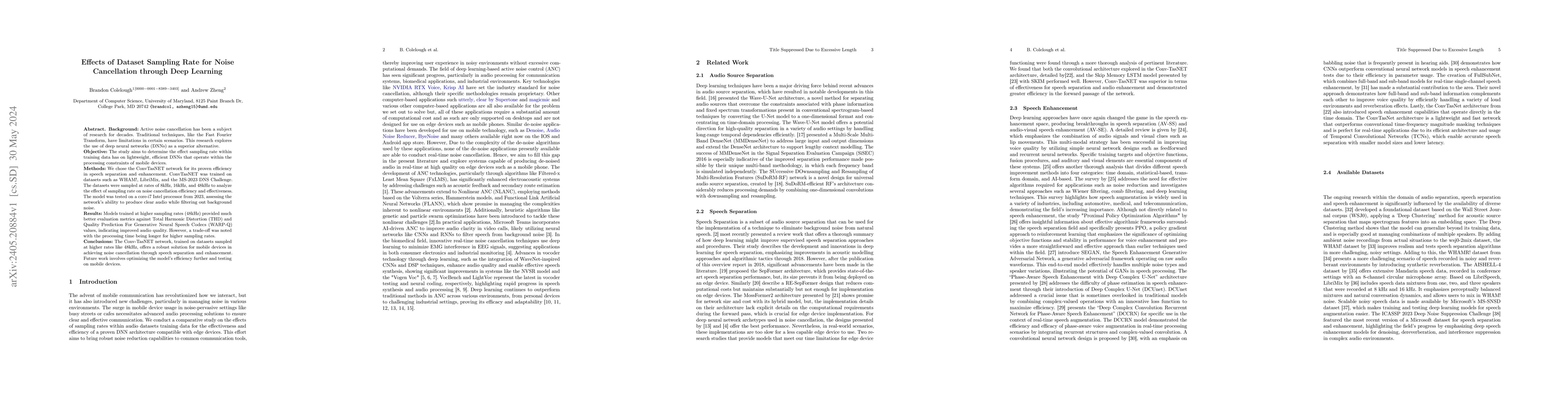 Thumbnail for Effects of Dataset Sampling Rate for Noise Cancellation through Deep
  Learning