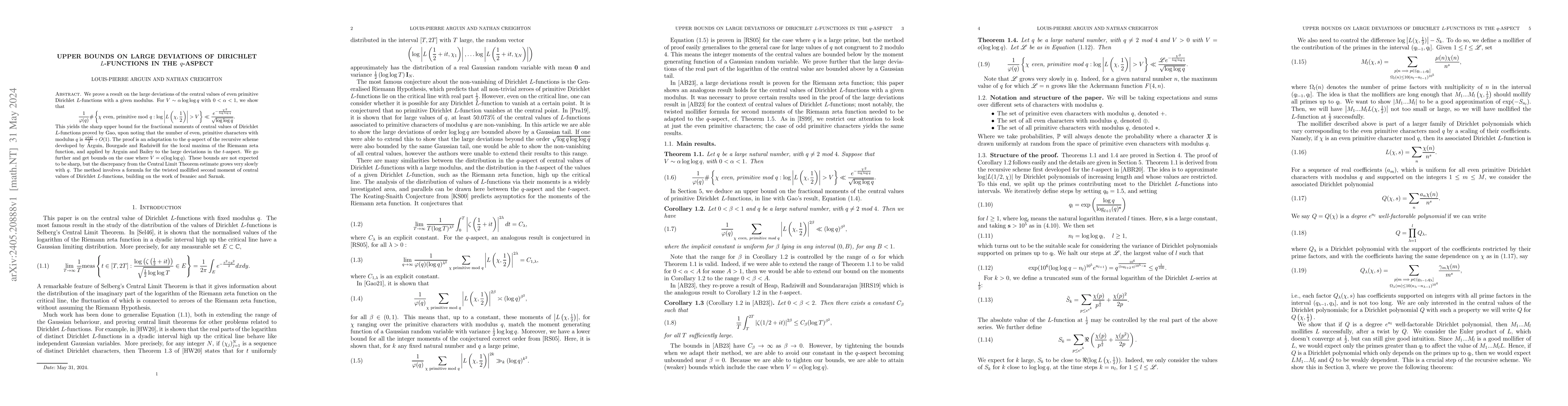 Thumbnail for Upper Bounds on Large Deviations of Dirichlet $L$-functions in the
  $q$-aspect