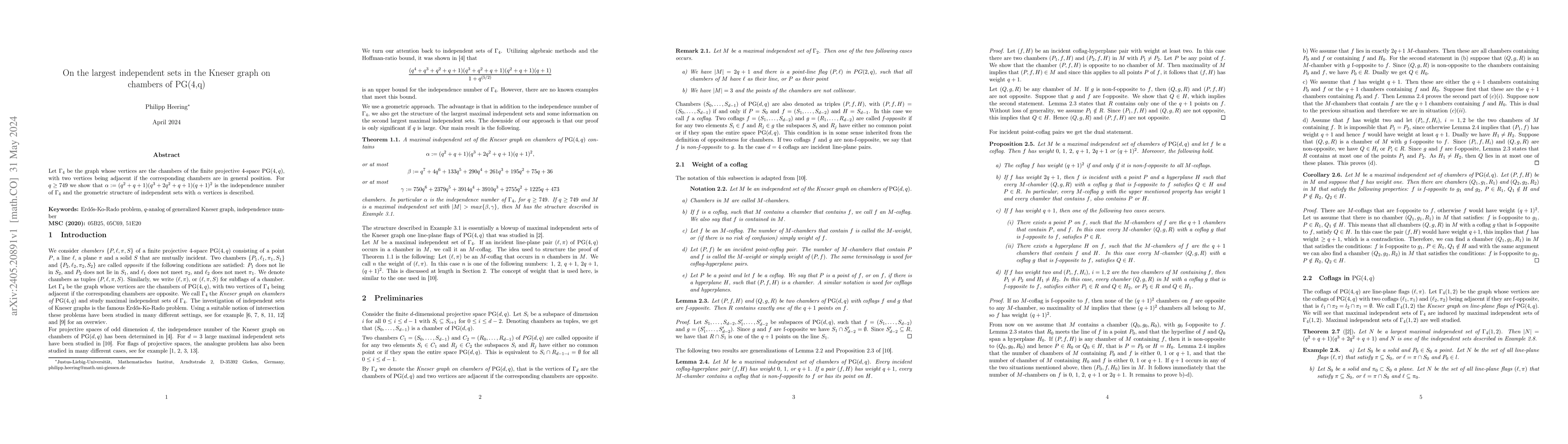 Thumbnail for On the largest independent sets in the Kneser graph on chambers of
  PG(4,q)