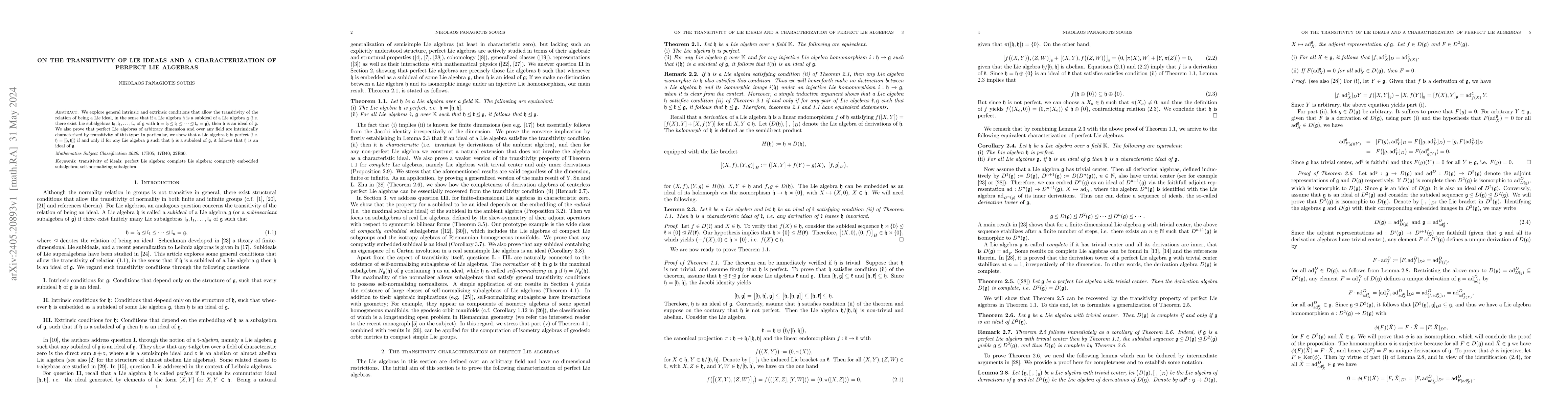 Thumbnail for On the transitivity of Lie ideals and a characterization of perfect Lie
  algebras