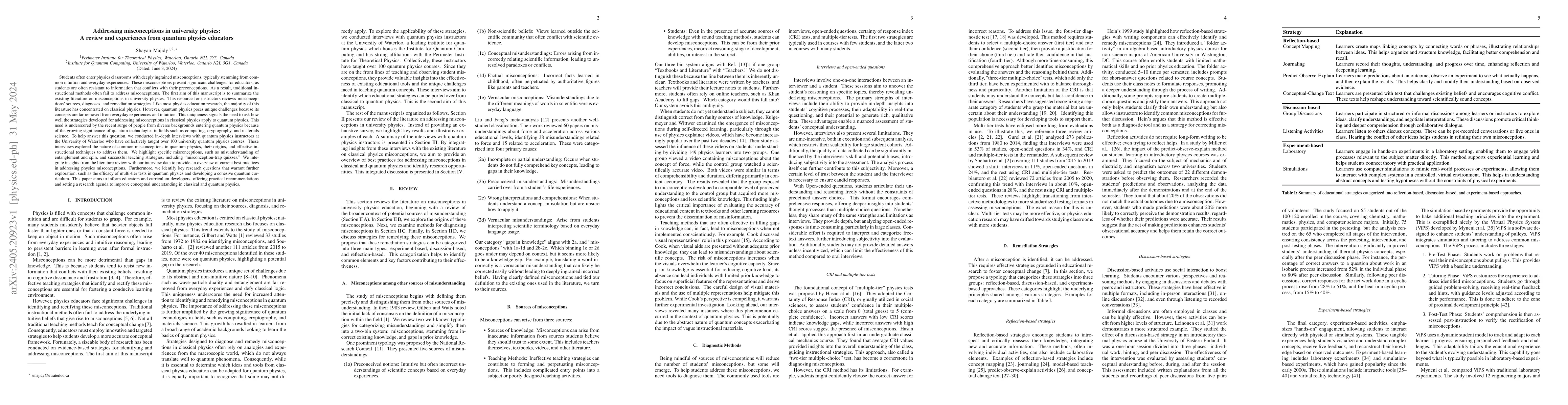 Thumbnail for Addressing misconceptions in university physics: A review and
  experiences from quantum physics educators