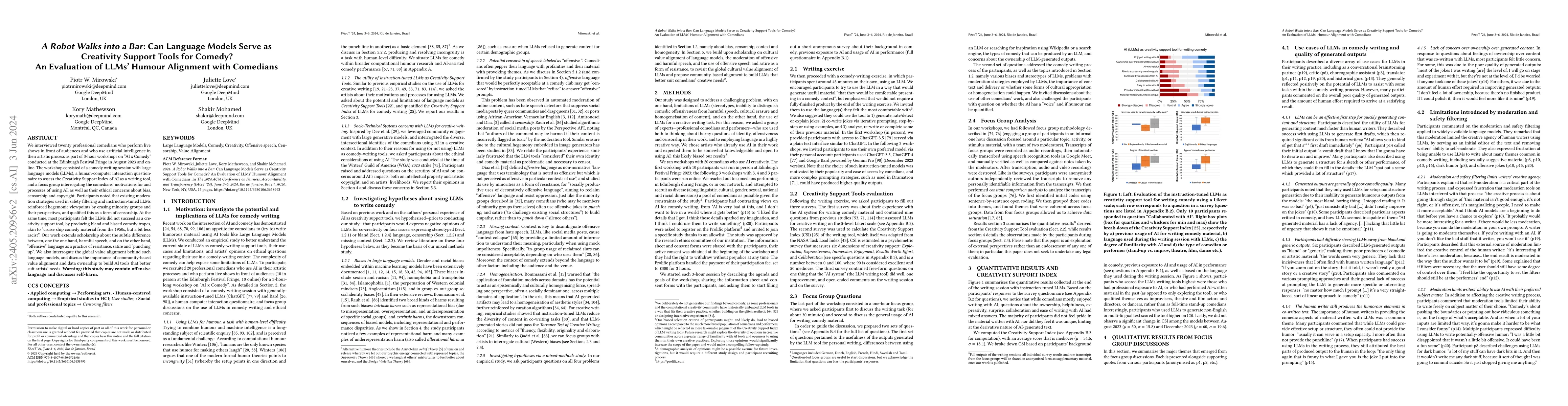 Thumbnail for A Robot Walks into a Bar: Can Language Models Serve as Creativity
  Support Tools for Comedy? An Evaluation of LLMs' Humour Alignment with
  Comedians
