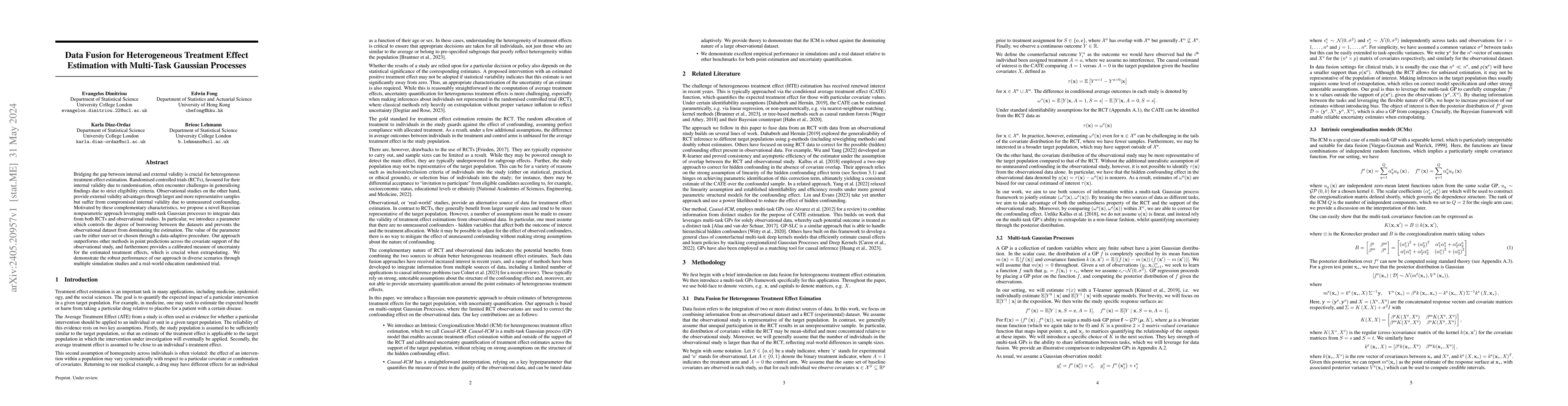 Thumbnail for Data Fusion for Heterogeneous Treatment Effect Estimation with
  Multi-Task Gaussian Processes