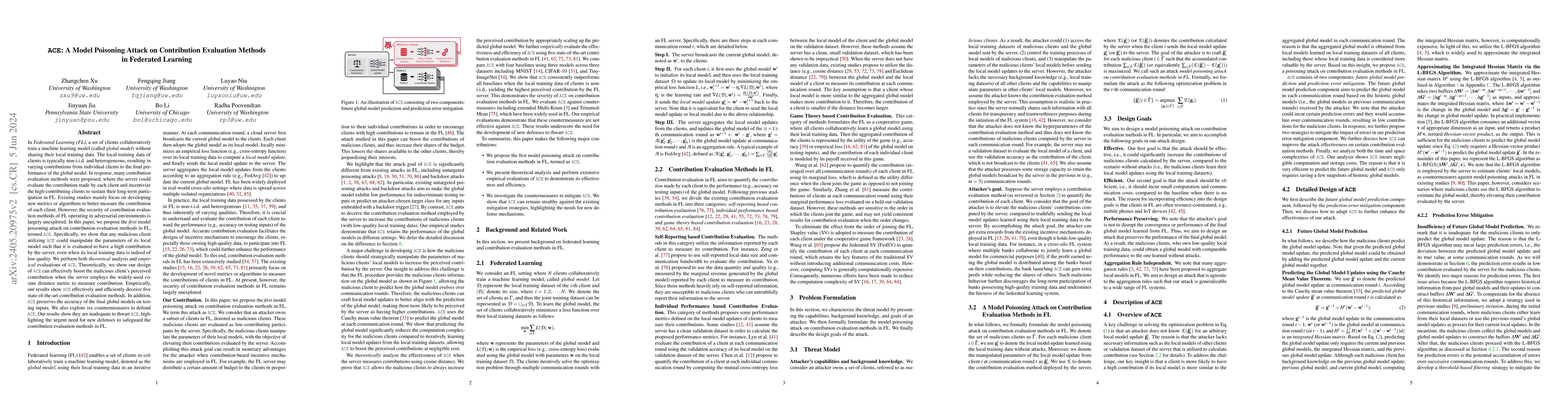 Thumbnail for ACE: A Model Poisoning Attack on Contribution Evaluation Methods in
  Federated Learning