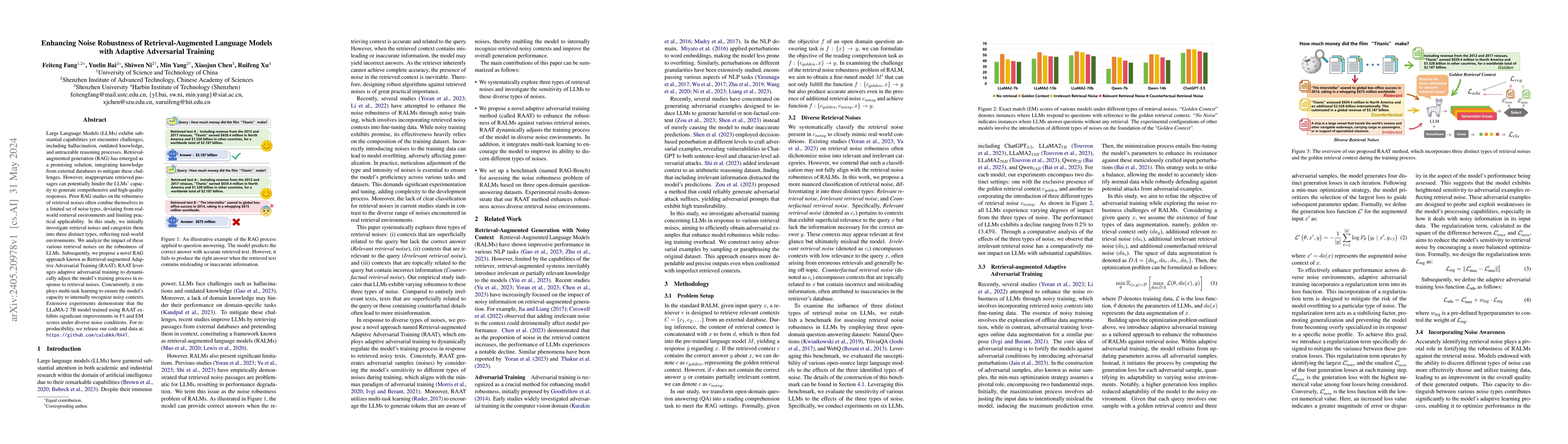 Thumbnail for Enhancing Noise Robustness of Retrieval-Augmented Language Models with
  Adaptive Adversarial Training