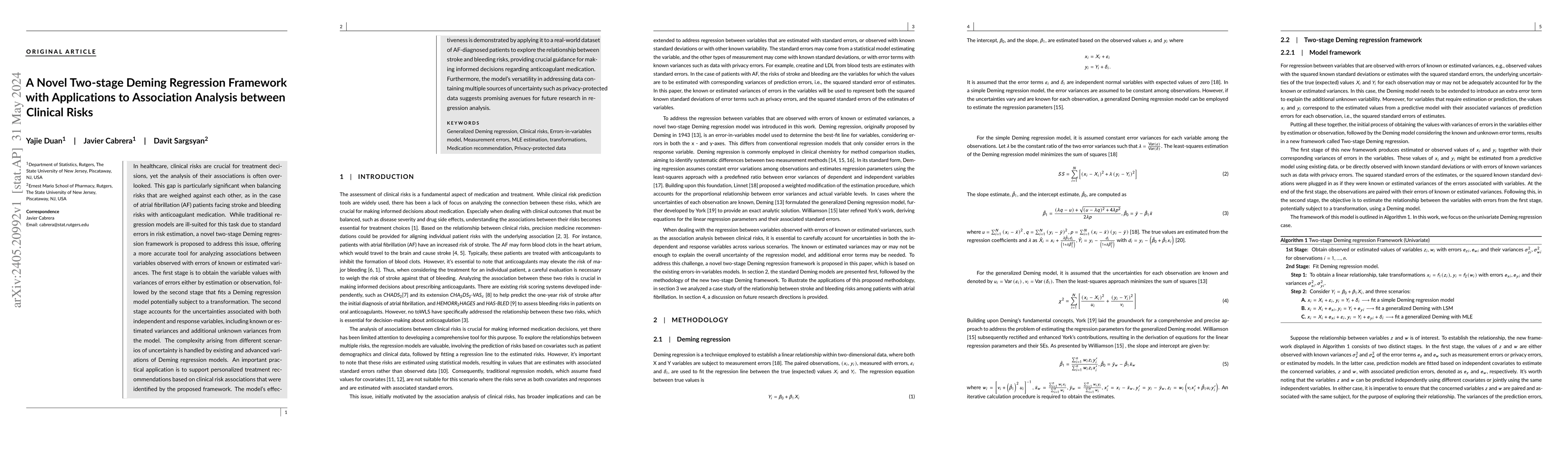 Thumbnail for A Novel Two-stage Deming Regression Framework with Applications to
  Association Analysis between Clinical Risks